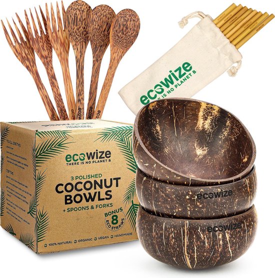 Ecowize Kokosnussschalen (3er Set) - Kokosnussschale & Schüssel - Mit 3 Löffeln