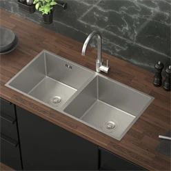 Einbauspüle mit Doppelbecken Silber Küchenspüle mit Ab- und Überlaufgarnitur aus Edelstahl ML-Design 2757