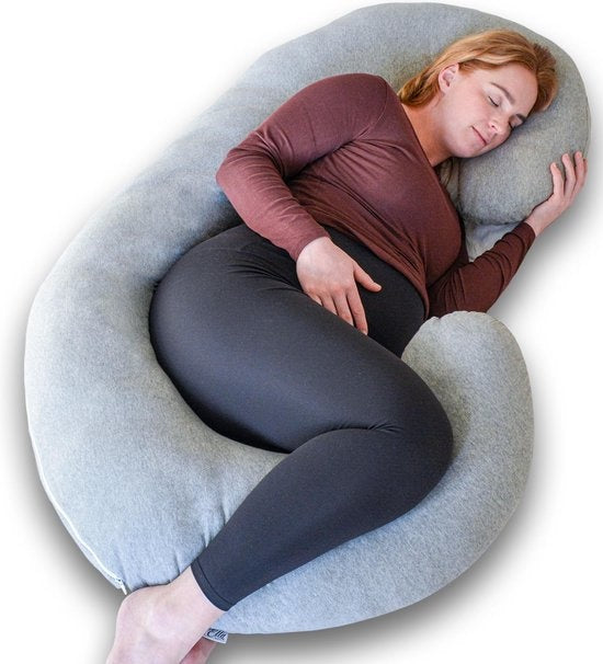 EL Life Umstandskissen XXL C-Form - Stillkissen - Seidenschlafkissen - Körperkissen - abnehmbarer Jersey-Baumwollbezug - 150x70cm - Hellgrau Wohnen & Kochen