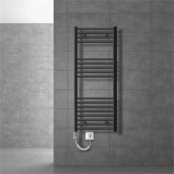 Elektrischer Badheizkörper mit Heizstab 1200W 500x1200 mm Anthrazit gebogen Seitenanschluss & Thermostat Digitalanzeige LuxeBath 586