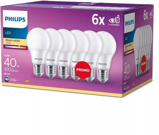 Energieeffiziente Philips LED-Glühbirne Mat - 40 W - E27 - warmweißes Licht - 6 Stück - Sparen Sie Energiekosten Wohnen & Kochen