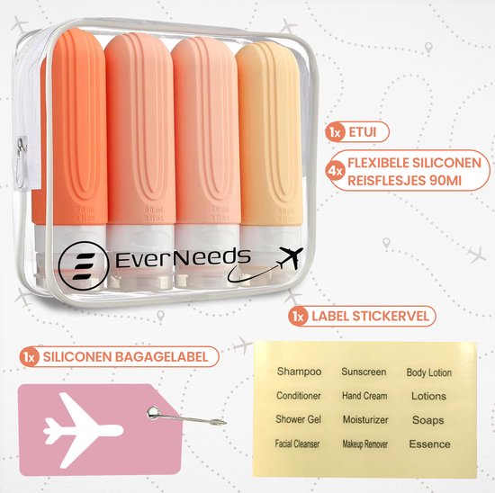 EverNeeds Reiseflaschen mit Beutel - Nachfüllbar - Silikon-Reiseflaschen Handgepäck - Rosa - 4 Stück Hobby & Sport