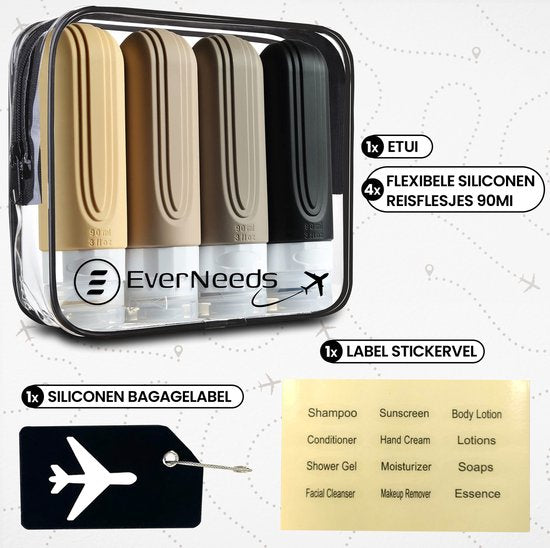 EverNeeds Reiseflaschen mit Etui - Nachfüllbar - Silikon-Reiseflaschen Handgepäck - Aprikose - 4 Stück Hobby & Sport