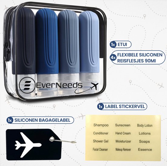 EverNeeds Reiseflaschen mit Etui - Nachfüllbar - Silikon-Reiseflaschen Handgepäck - Blau - 4 Stück Schön & Gesund