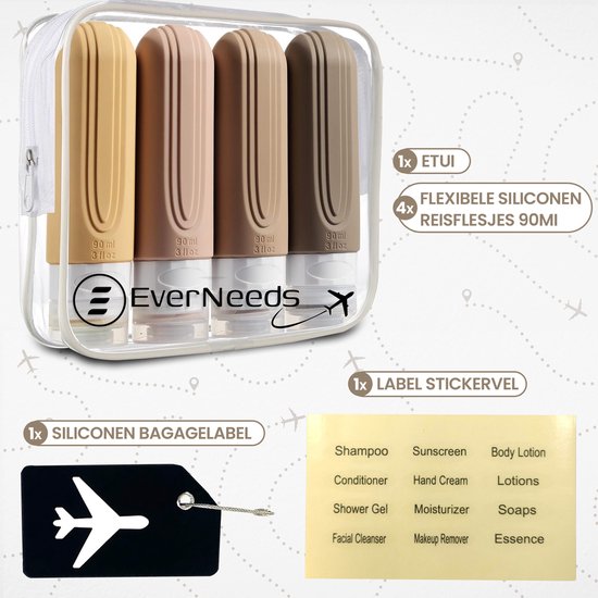 EverNeeds Reiseflaschen mit Etui - Nachfüllbar - Silikon-Reiseflaschen Handgepäck - Hell Apricot - 4 Stück Hobby & Sport