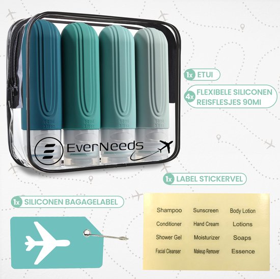 EverNeeds Reiseflaschen mit Etui - Nachfüllbar - Silikon-Reiseflaschen Handgepäck - Minze - 4 Stück Hobby & Sport