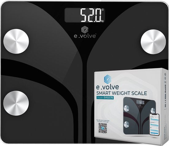 e.volve Waagen Personenwaage Digital - 14 Messungen - Smart Scale mit Körperanalyse - Schwarz Schön & Gesund