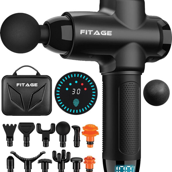 FITAGE Massage Gun Professional - 12 Aufsätze - 30 Modi - Schwarz Hobby & Sport
