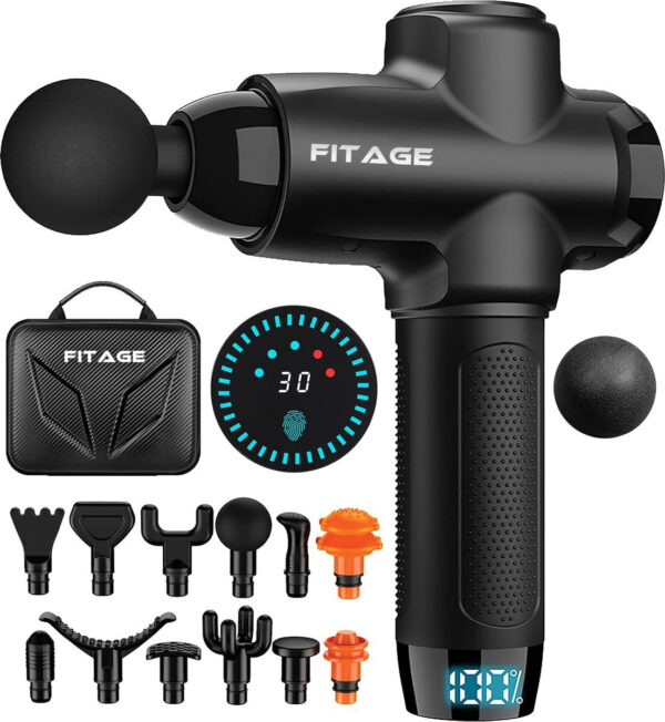 FITAGE Massage Gun Professional - 12 Aufsätze - 30 Modi - Schwarz Hobby & Sport