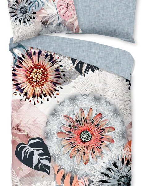 Flanell Bettbezug 200x200 cm - Blumen und Blätter Druck - Grau/Rosa - 2 Personen - 100% Baumwolle Flanell Wohnen & Kochen