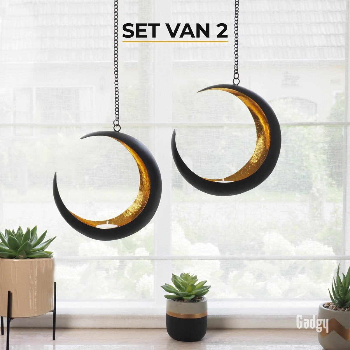 Gadgy Teelichthalter Mond hängend - Teelichthalter - 2er Set - Schwarz/Gold - Metall - Ø20x9 Gadgy Teelichthalter Mond hängend - Teelichthalter - 2er Set - Schwarz/Gold - Metall - Ø20x9
