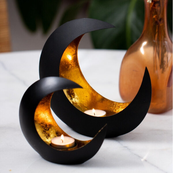 Gadgy Teelichthalter Mond - Teelichthalter - 2er Set: 15 cm und 21 cm - Schwarz / Gold - Metall Wohnen & Kochen