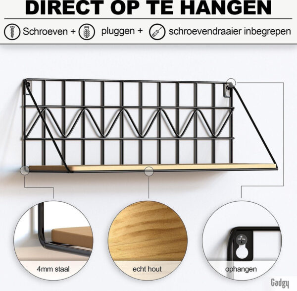 Gadgy Wall Racks set 2 pcs - Wandregal Schwarz mit Holz - Wanddekoration Industrial - Wanddekoration Metall - Wandregal schwebend - Bücherregal - 45 cm Wohnen & Kochen