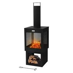 Gartenkamin mit Schornstein 128x40 cm eckig Schwarz Stahl Outdoor Terrassenofen mit Schürhaken abnehmbarem Dach ML-Design 6792