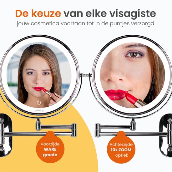Goliving Make-up-Spiegel mit Beleuchtung - Ø25 cm - 10-fache Vergrößerung - Dimmbarer Make-up-Spiegel - Rasierspiegel - LED-Beleuchtung - USB-C aufladbar - Doppelseitig - 27 x 27 cm - Chrom Schön & Gesund