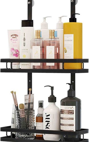 Goliving Shower Rack - Bohrfreie Duschablage - 74 x 35 cm - Hängende Duschablage - Edelstahl - Zweilagig - Schwarz Wohnen & Kochen