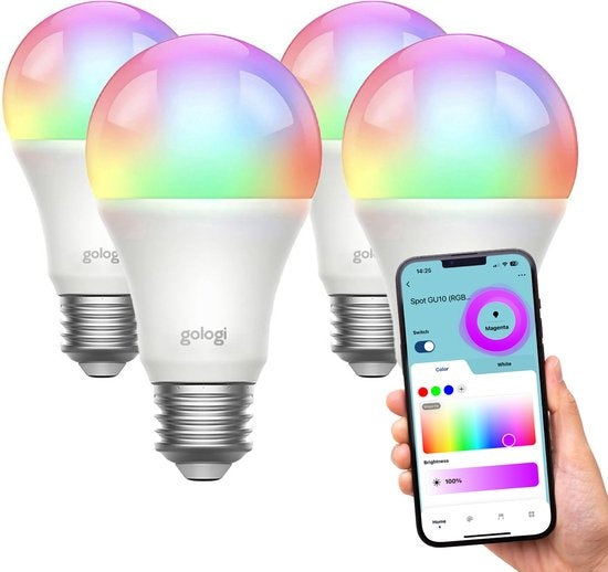 Gologi Smart E27 Bulb Lamp 4 pcs - Smart WiFi - Intelligente LED-Beleuchtung - Dimmbar - Millionen von Farben - RGB - Steuerung über mobile App - Umgebungsbeleuchtung - 800 Lumen Wohnen & Kochen