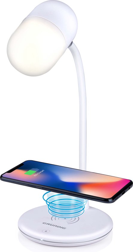 Grundig Schreibtischlampe Led 3-in-1 - kabelloses Handy-Ladegerät mit Qi-Technologie - Bluetooth-Lautsprecher - Leselicht - Weiß Wohnen & Kochen