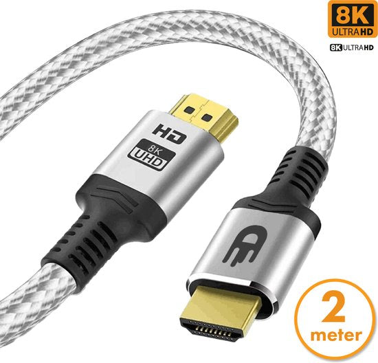 HDMI-Kabel 2.1 - Ultra HD High Speed - HDMI zu HDMI - Geeignet für Xbox Series X & PS5 - 2 Meter - Nylon - Silberweiß Elektronik