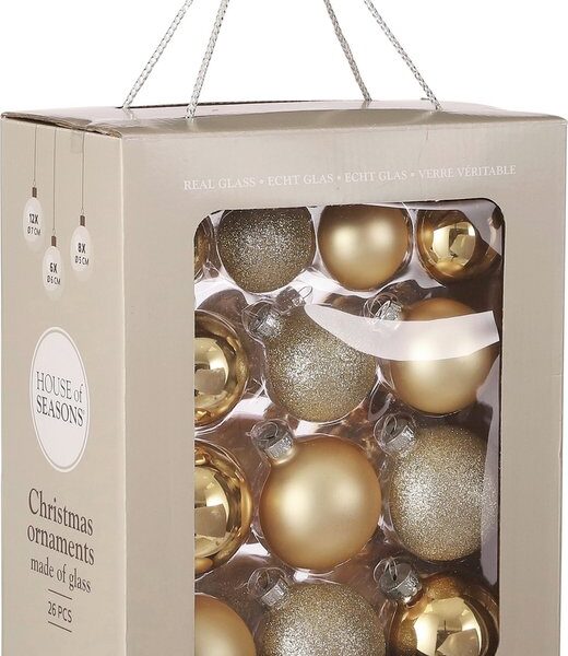 House of Seasons Weihnachtskugel-Set - 26 Stück - Ø7 cm - Glas - Champagner Weihnachten