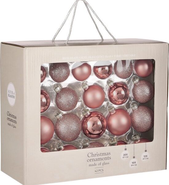 House of Seasons Weihnachtskugelset - 42 Stück - Ø7 cm - Glas - Rosa Weihnachten