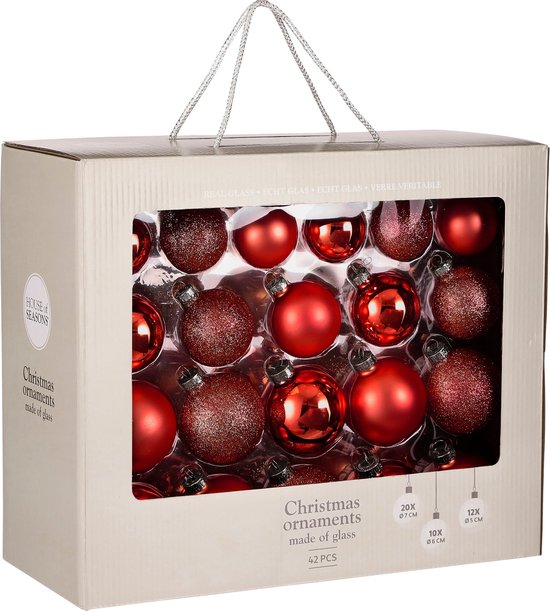 House of Seasons Weihnachtskugelset - 42 Stück - Ø7 cm - Glas - Rot Weihnachten