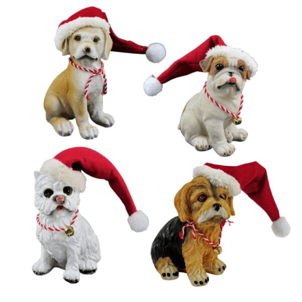 Hunde mit Weihnachtsmannmütze 14cm SET aus 4 Stück - Weihnachtsfiguren Wohnen & Kochen
