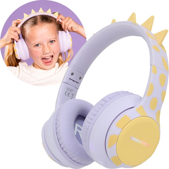 imoshion Kinder-Kopfhörer Dino - mit Dezibel-Begrenzer - Bluetooth-Kopfhörer Kinder - drahtlose Over-Ear-Kopfhörer - Lavendel-Lila / Gelb Elektronik