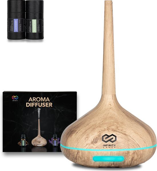 Infinity Goods Aroma Diffuser Inkl. 2x 10ml reines ätherisches Ã–l - Luftbefeuchter - Verdampfer - 10 LED Farben - Aromatherapie - Duftdiffusor - Holz Braun Wohnen & Kochen
