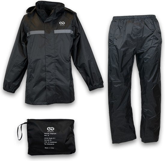 Infinity Goods Regenpak - Dames & Heren - Maat L - Waterdicht & Ademend - Reflecterend - Zwart Auto & Fahrrad