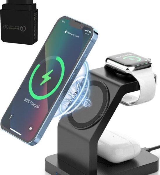 iSetchi Wireless Charger - 3-in-1 - QC 3.0 Adapter - Qi-Ladestation - 15W - Schnellladegerät Elektronik