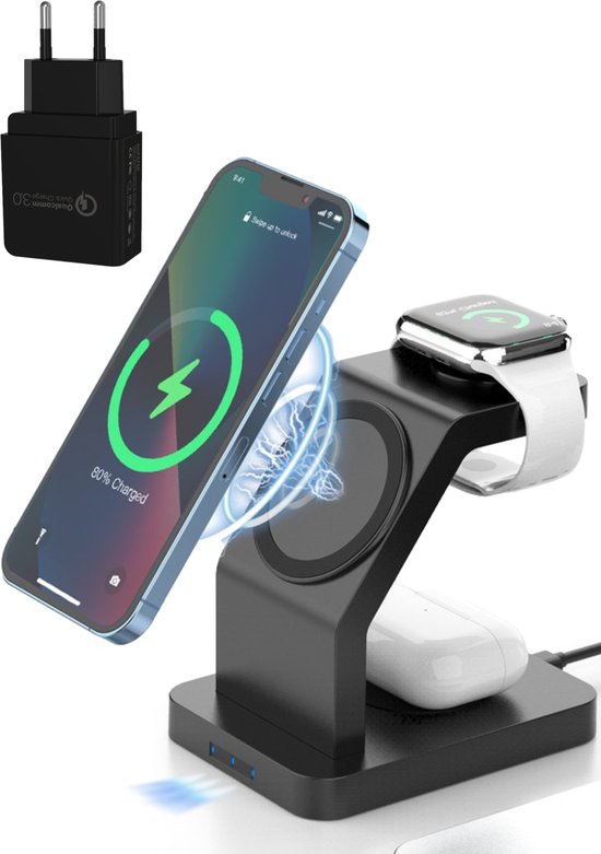 iSetchi Wireless Charger - 3-in-1 - QC 3.0 Adapter - Qi-Ladestation - 15W - Schnellladegerät Elektronik