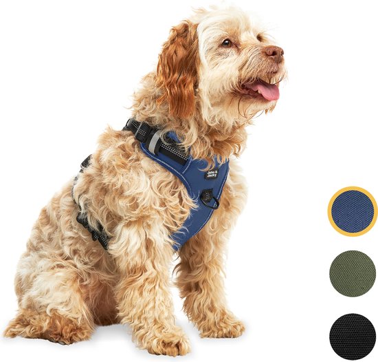Jake und Jacky Hundegeschirr - Anti-Zieh-Geschirr - Hundegeschirr - Y-Geschirr Hund - Reflektierend - Blau - Größe M Haus & Garten