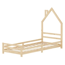 Kinderbett Haus 90x200 cm Natur Hausbett für Kinder Holzbett mit Lattenrost Schornstein Design ML-Design 6394