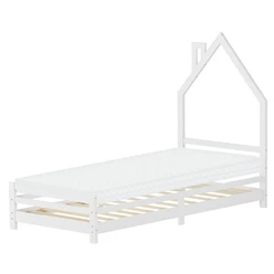 Kinderbett Haus 90x200 cm Weiß mit Matratze H:10cm Holzbett für Kinder mit Lattenrost Schornstein Design ML-Design 6394