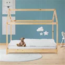Kinderbett Hausbett 70x140 cm aus Kiefernholz Holzbett mit Dach und Lattenrost ML-Design 6394