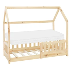 Kinderbett Hausbett 70x140 cm aus Kiefernholz inkl. Matratze H-10cm Rausfallschutz Dach und Lattenrost ML-Design 6394