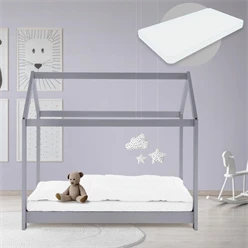 Kinderbett Hausbett 70x140 cm Hellgrau aus Kiefernholz inkl. Matratze H-10cm Holzbett mit Dach und Lattenrost ML-Design 6394