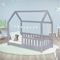 Kinderbett Hausbett 70x140 cm Hellgrau aus Kiefernholz mit Rausfallschutz Dach und Lattenrost Holzbett ML-Design 6394