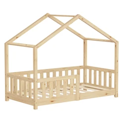 Kinderbett Hausbett 70x140 cm Natur aus Kiefernholz Holzbett mit Rausfallschutz und Lattenrost ML-Design 6394