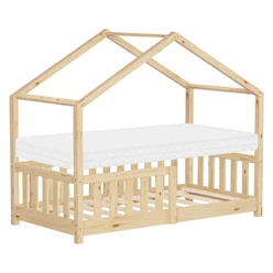 Kinderbett Hausbett 70x140 cm Natur aus Kiefernholz mit Matratze H:10cm Rausfallschutz und Lattenrost ML-Design 6394