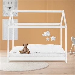 Kinderbett Hausbett 70x140 cm Weiß aus Kiefernholz Holzbett mit Dach und Lattenrost ML-Design 6394