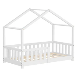 Kinderbett Hausbett 70x140 cm Weiß aus Kiefernholz Holzbett mit Rausfallschutz und Lattenrost ML-Design 6394