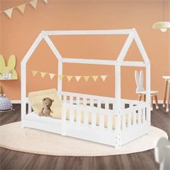 Kinderbett Hausbett 70x140 cm Weiß aus Kiefernholz mit Rausfallschutz Dach und Lattenrost Holzbett ML-Design 6394