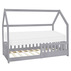 Kinderbett Hausbett 80x160 cm Hellgrau aus Kiefernholz inkl. Matratze H-10cm Rausfallschutz Dach und Lattenrost ML-Design 6394