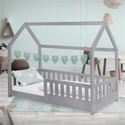 Kinderbett Hausbett 80x160 cm Hellgrau aus Kiefernholz mit Rausfallschutz Dach und Lattenrost Holzbett ML-Design 6394