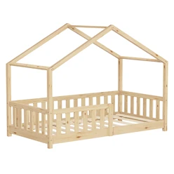 Kinderbett Hausbett 80x160 cm Natur aus Kiefernholz Holzbett mit Rausfallschutz und Lattenrost ML-Design 6394