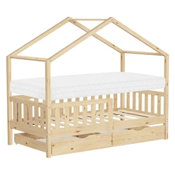 Kinderbett Hausbett 80x160 cm Natur aus Kiefernholz mit Matratze H:10cm
