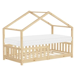 Kinderbett Hausbett 80x160 cm Natur aus Kiefernholz mit Matratze H:10cm Rausfallschutz und Lattenrost ML-Design 6394