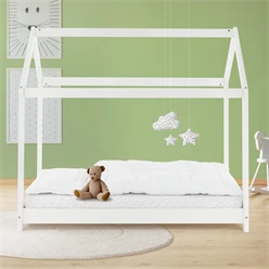 Kinderbett Hausbett 80x160 cm Weiß aus Kiefernholz Holzbett mit Dach und Lattenrost ML-Design 6394